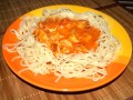 Špagety s kuřecím masem a smetanovými rajčaty + foto postup 100/4